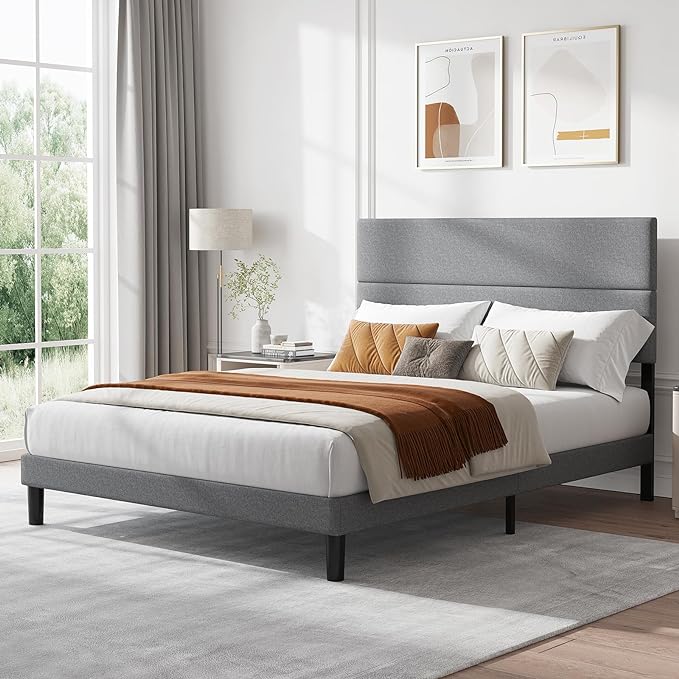 Queen Size Bed Frame, Upholstered Platform Bed with Adjustable Headboard
