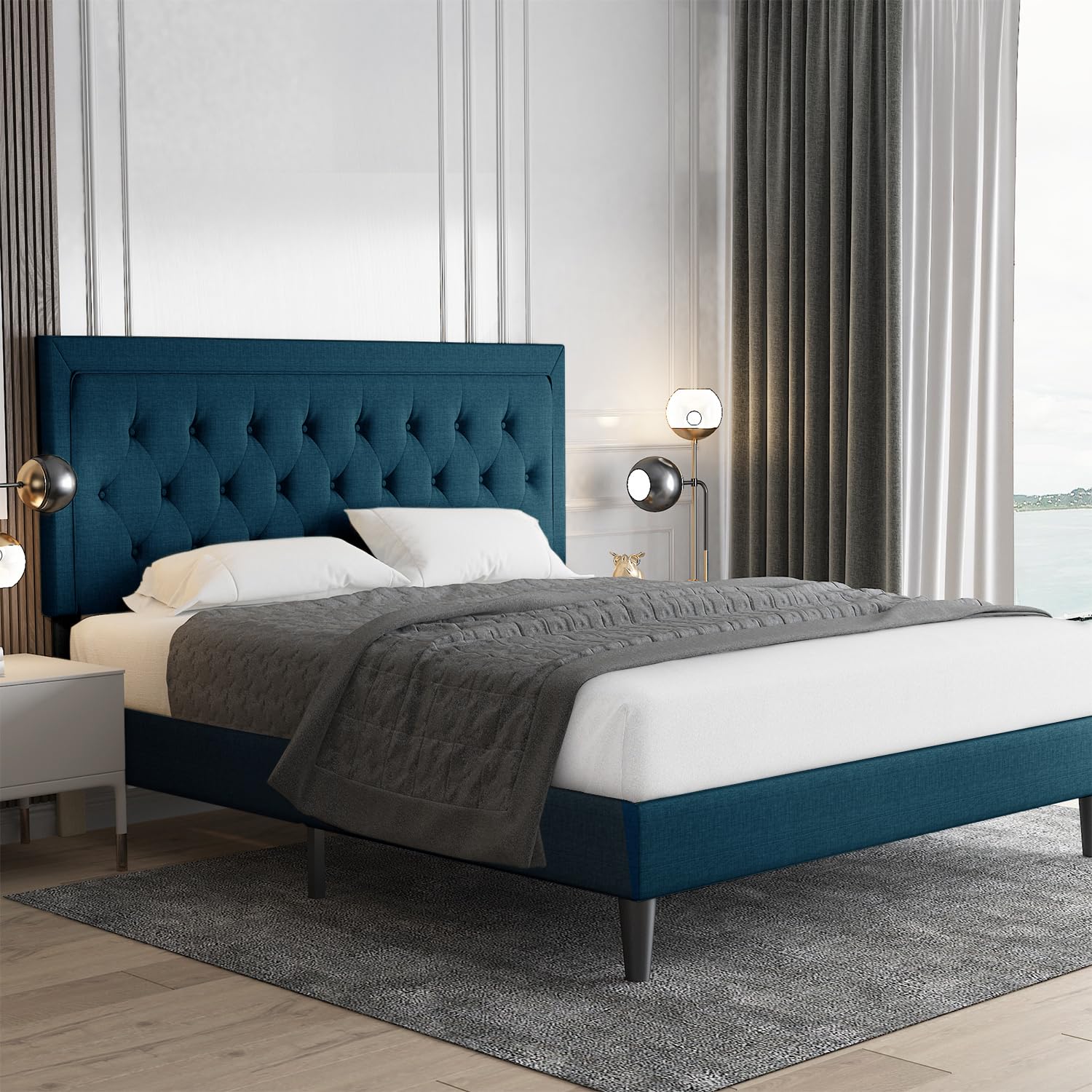 Full Size Bed Frame Upholstered Platform Bed with Adjustable Headboard