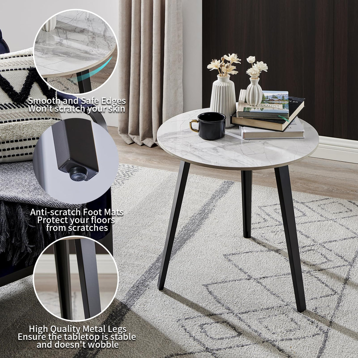 Round End Table, Marble Side Table with Metal Frame