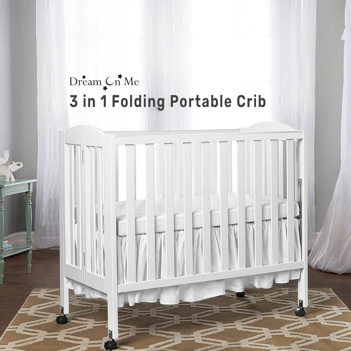 3 in 1 Portable Folding Stationary Side Crib in White, Greenguard Gold Certified, Safety Wheel with Locking Casters, Convertible, 3 Mattress Heights