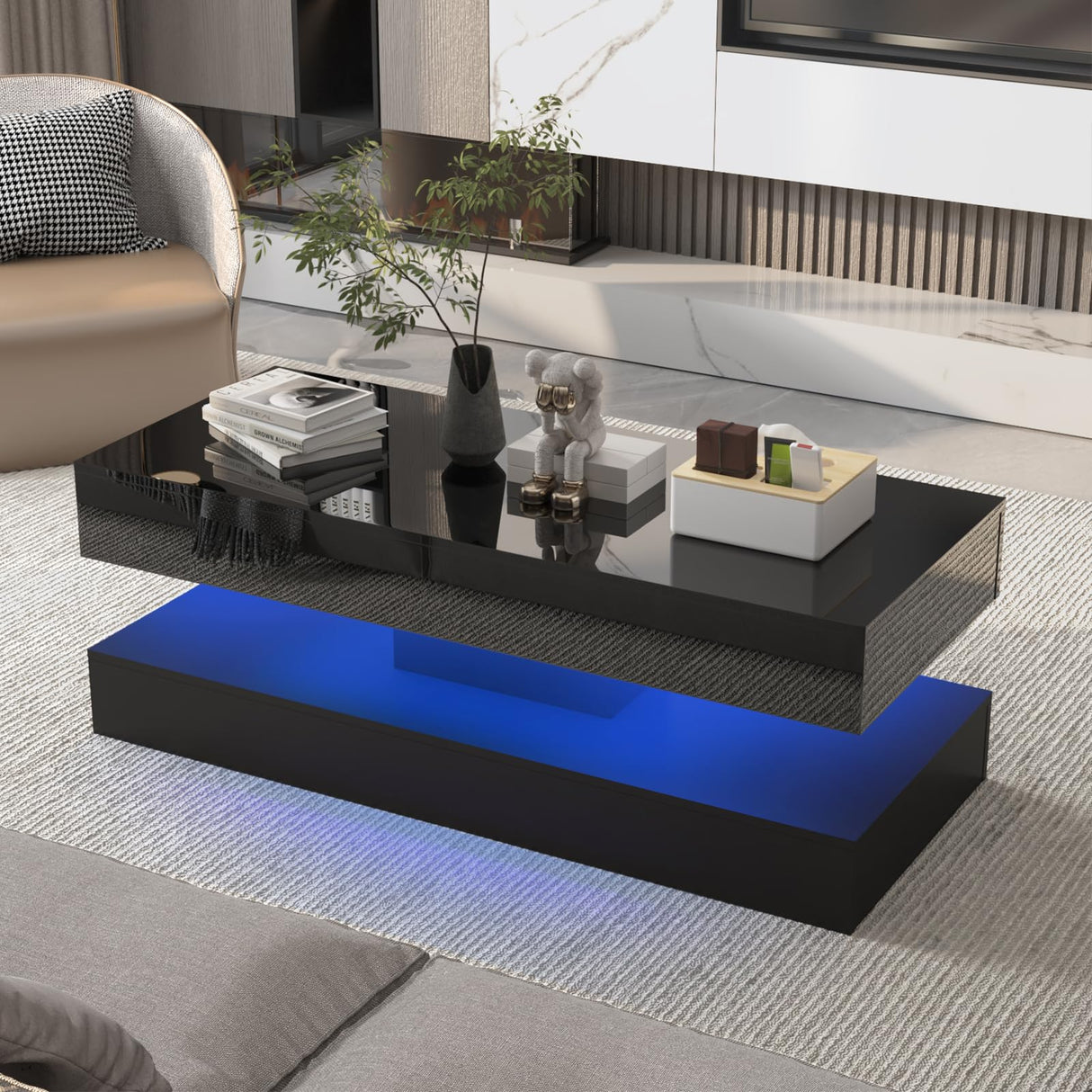 47.3IN High Glossy LED Coffee Table,Modern Coffee Table for Living Room