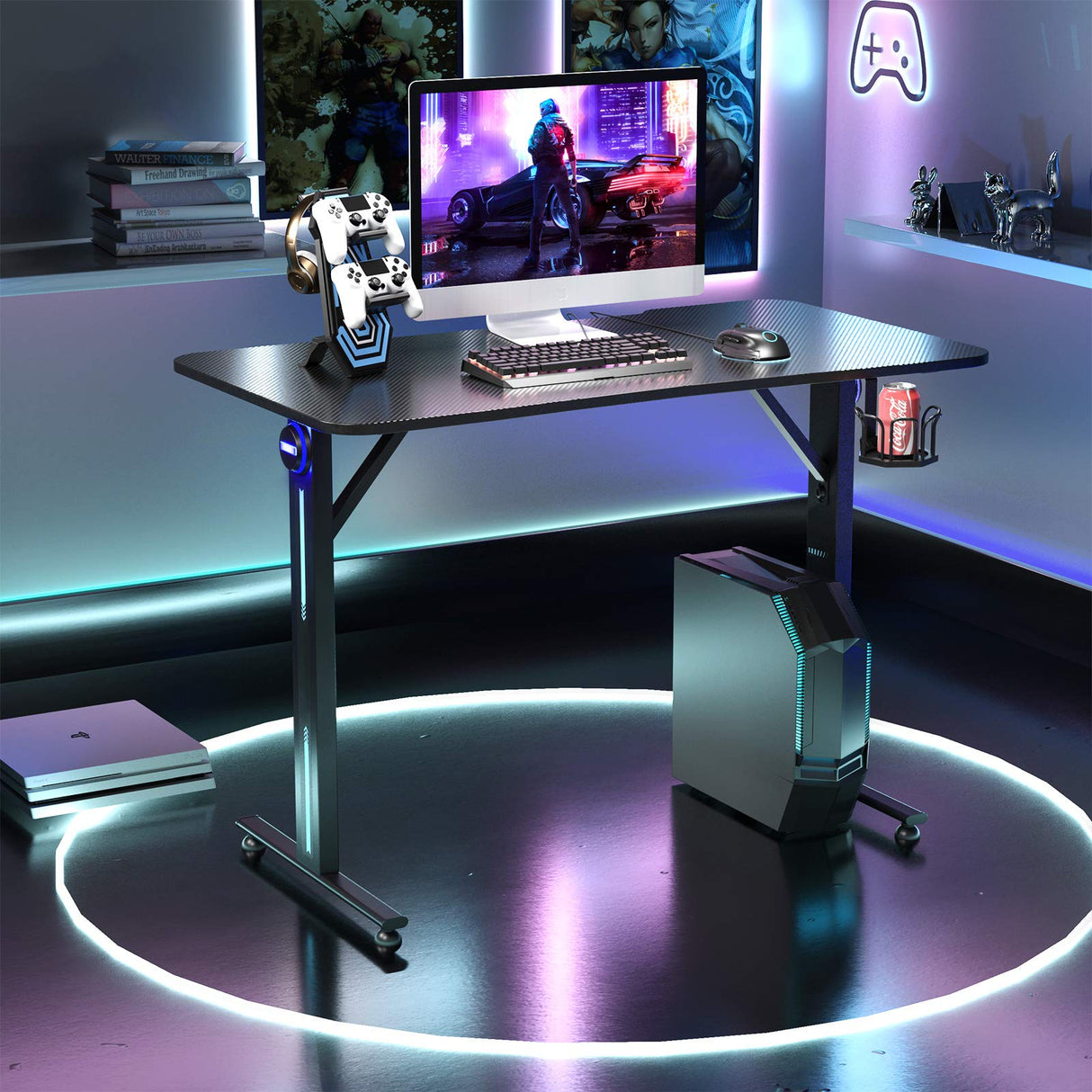 Gaming Desk, T-Shaped Computer Desk w/Game Controller Stand, Cup Holder and LED Light