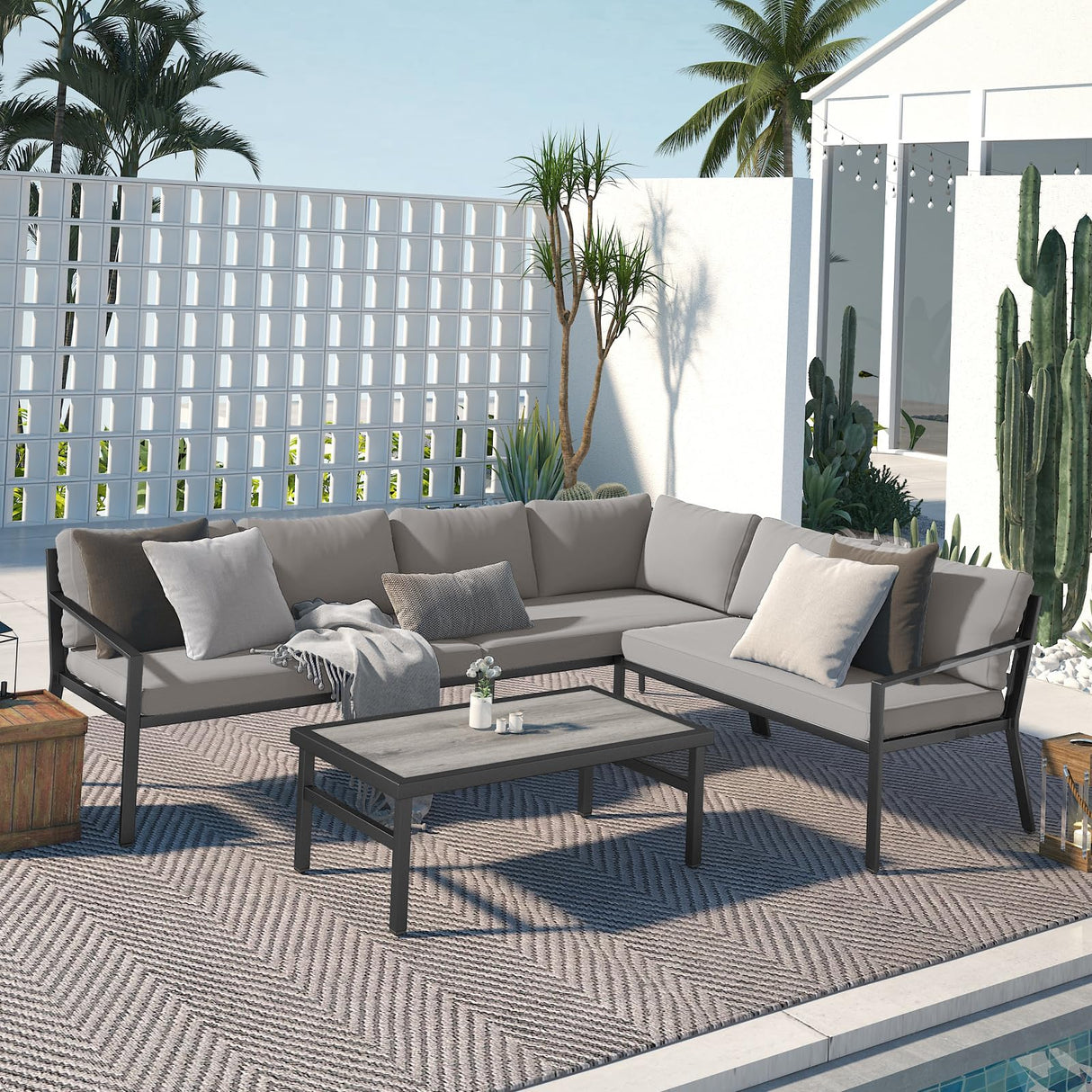 AECOJOY Aluminum Patio Sectional Funiture Set, Modern Metal Outdoor Sectional Furniture Set Clearance