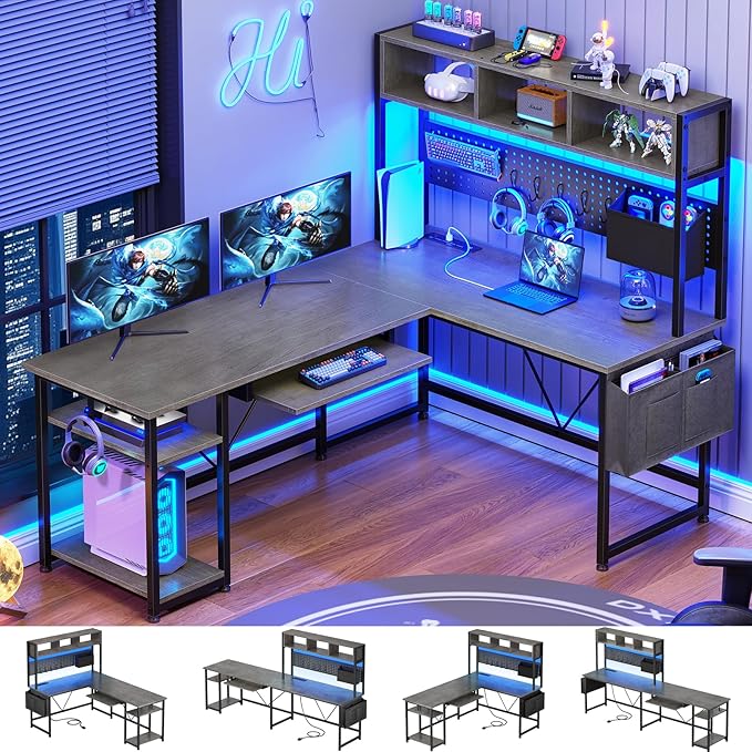 Corner Computer Desk with Storage Shelves, 57.5” Reversible Home Office Desk