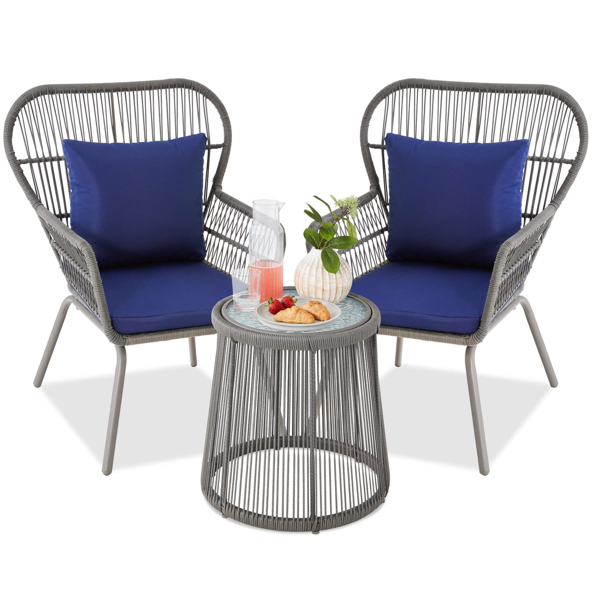 3-Piece Outdoor Wicker Bistro Set with Cushions & Glass Table - All-Weather Patio Furniture