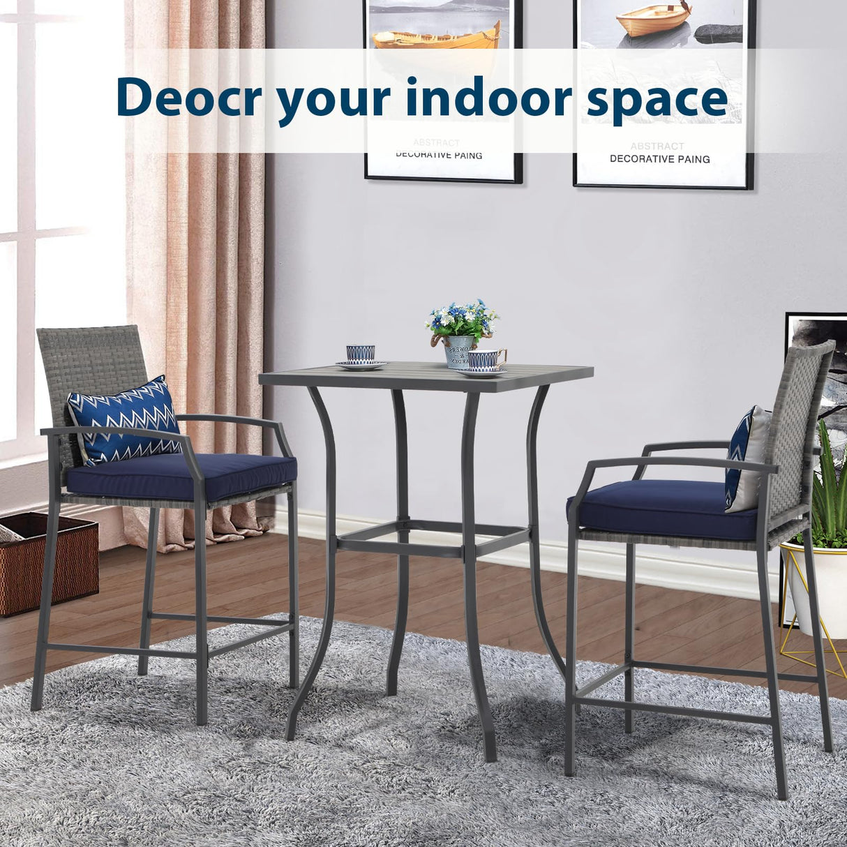 JOIVI 3 Piece Patio Bar Set, Outdoor Wicker Counter Height Bar Stools and Wood Top Table Set for 2 People, Bar Height Table Bistro Set with 2 Bar Chairs and Cushions for Backyard, Balcony