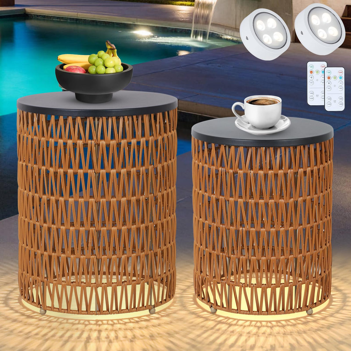 Outdoor Side End Table with Dimmable Light Remote Control