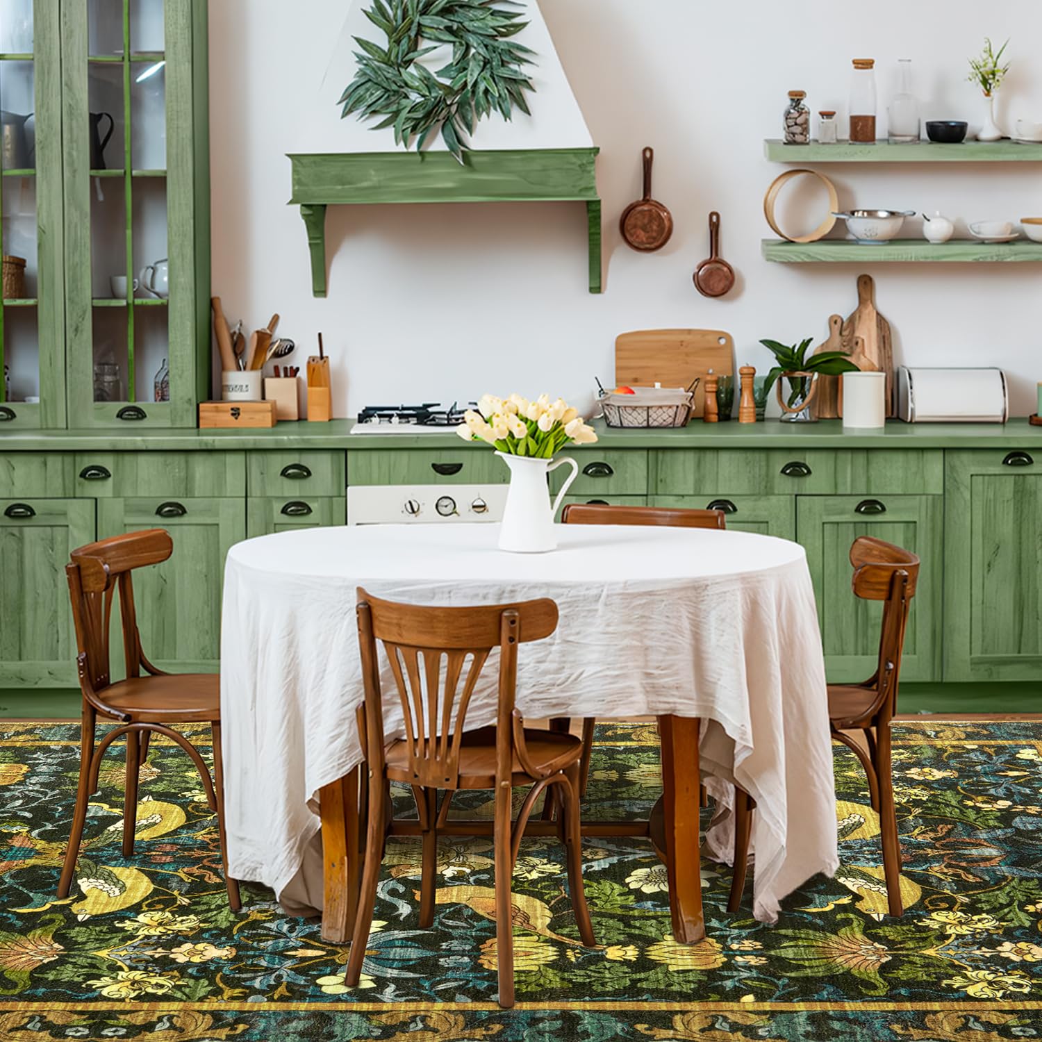 Topllen Washable Area Rug - Area Rug 8'x10' Boho Soft Living Room Rug, Non-Slip Large Area Rugs Indoor for Dining Room Livingroom Bedroom, Vintage Rug (Dark Green, 8x10ft)