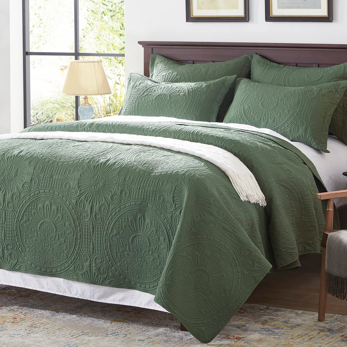 Quilt King Size Bedding Set-Olive Green Embossed, Bedspreads-Lightweight Summer Soft
