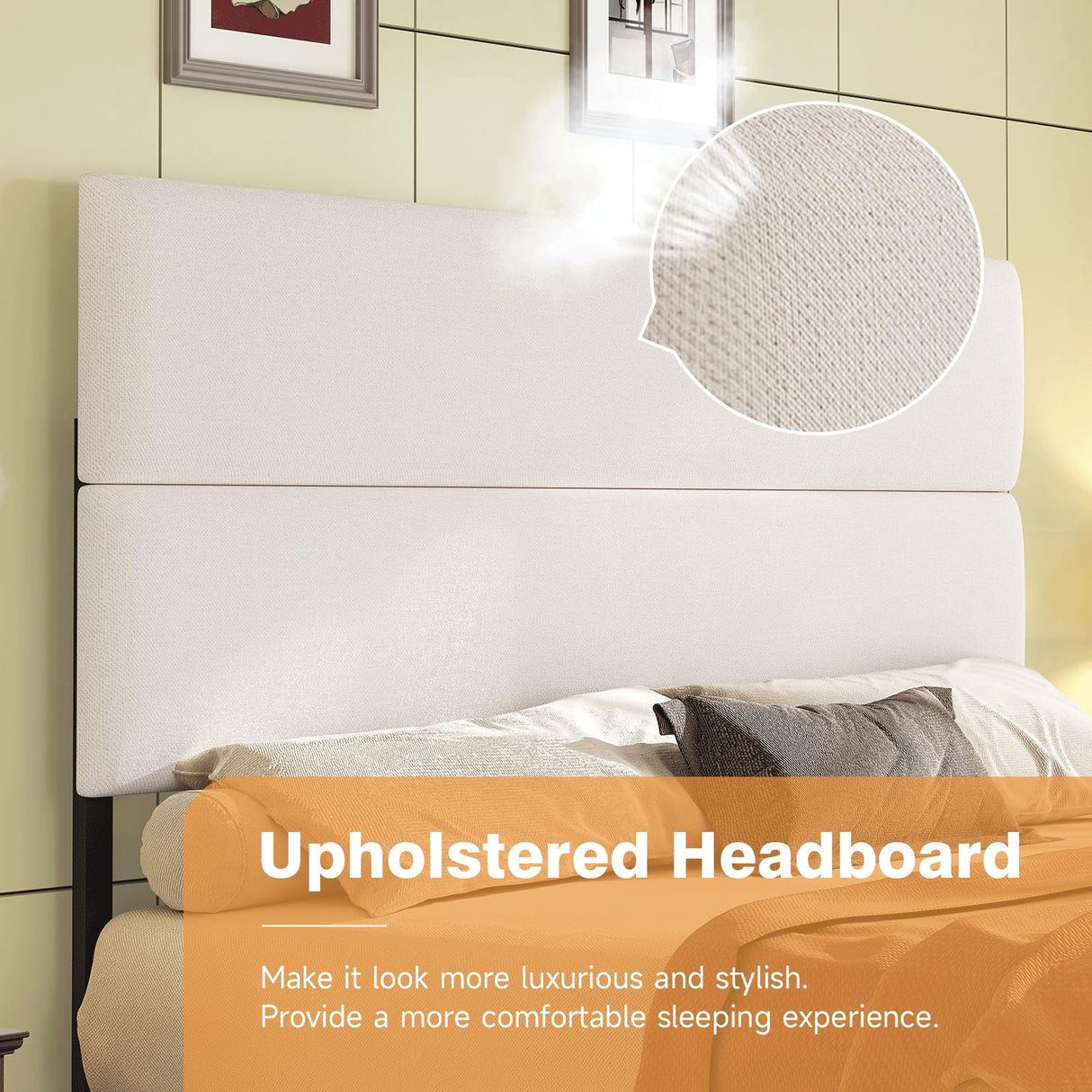 Yumpie Cream Upholstered Queen Bed Frame with Storage Drawers & Adjustable Headboard