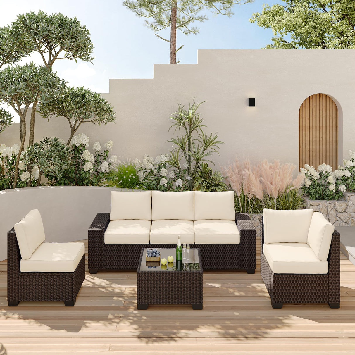 6-Piece Outdoor Wicker Patio Furniture Set with Cushions and Glass Coffee Table