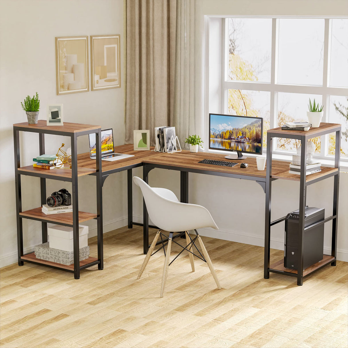 Computer Desk with 4 Tier Shelves, 55 Inch Heavy Duty Writing Study Table