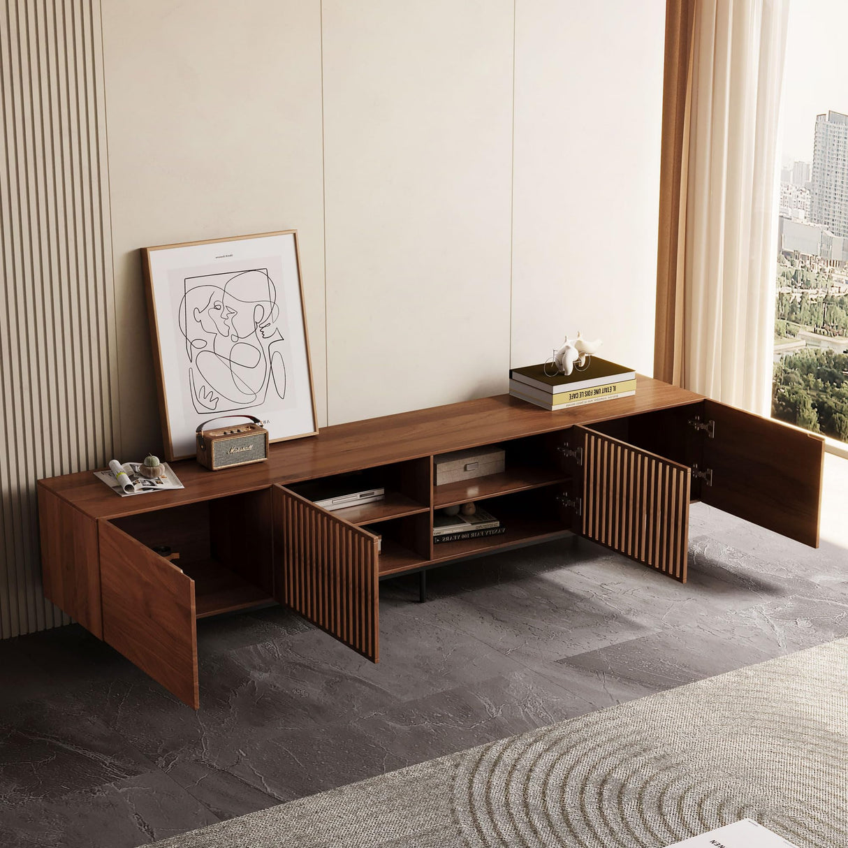 94.5" Mid-Century Modern TV Stand for 80+ Inch TVs - Walnut Entertainment Center