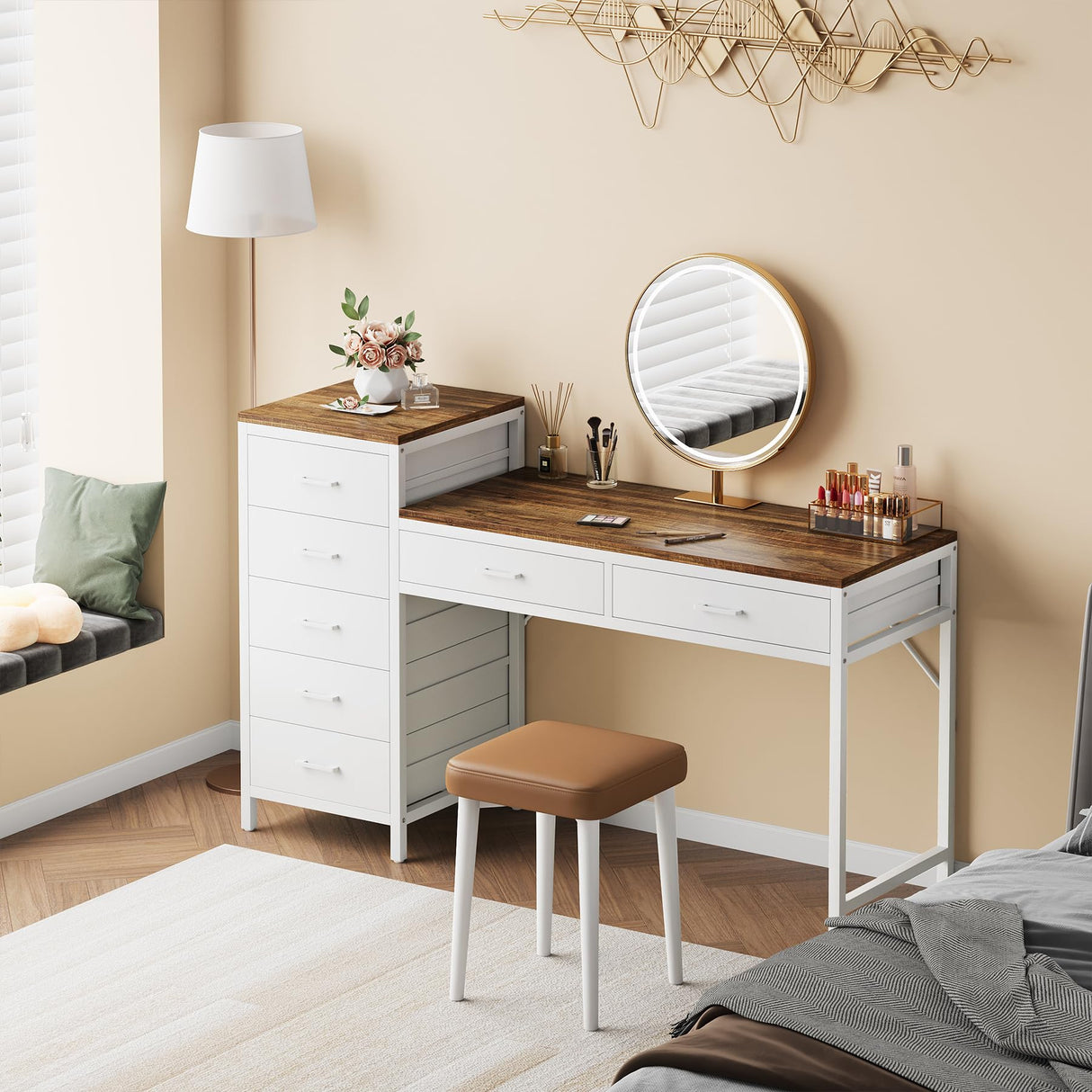 Computer Desk with Reversible Drawer, 55 inch Home Office Desks with 7 Drawers,