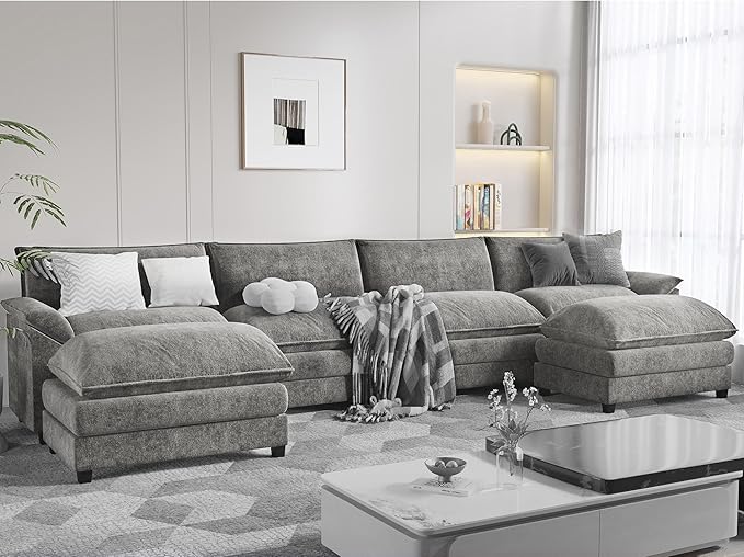 Modern Convertible Sofa U Shaped Couch, Fabric 6 Seat Sofa Set
