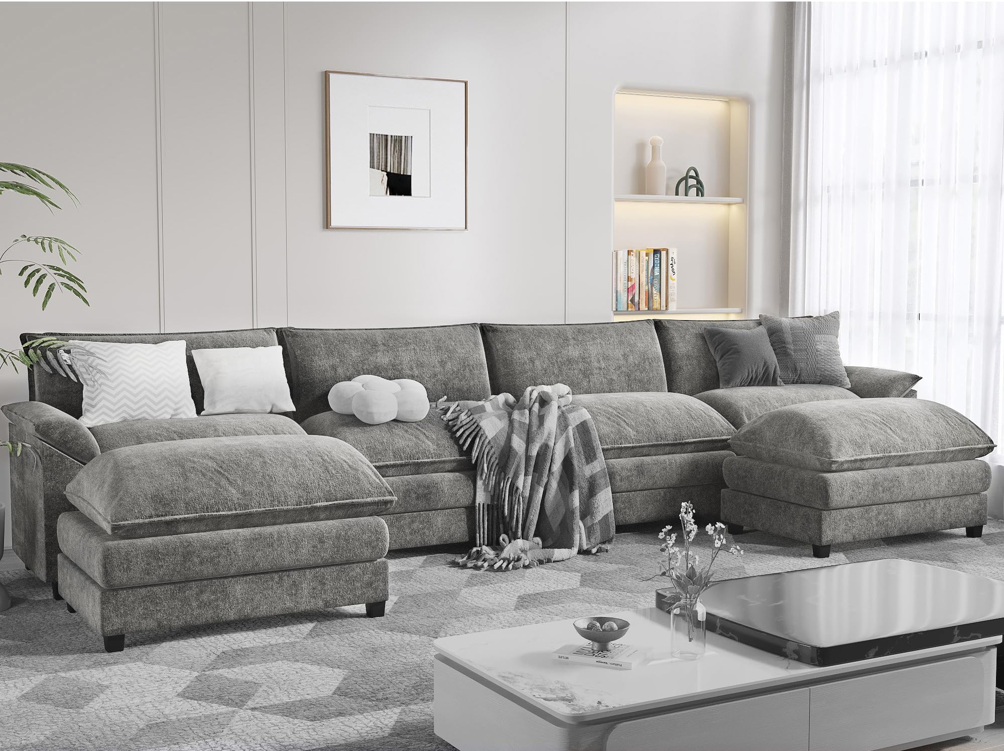 Modern Convertible Sofa U Shaped Couch, Fabric 6 Seat Sofa Set