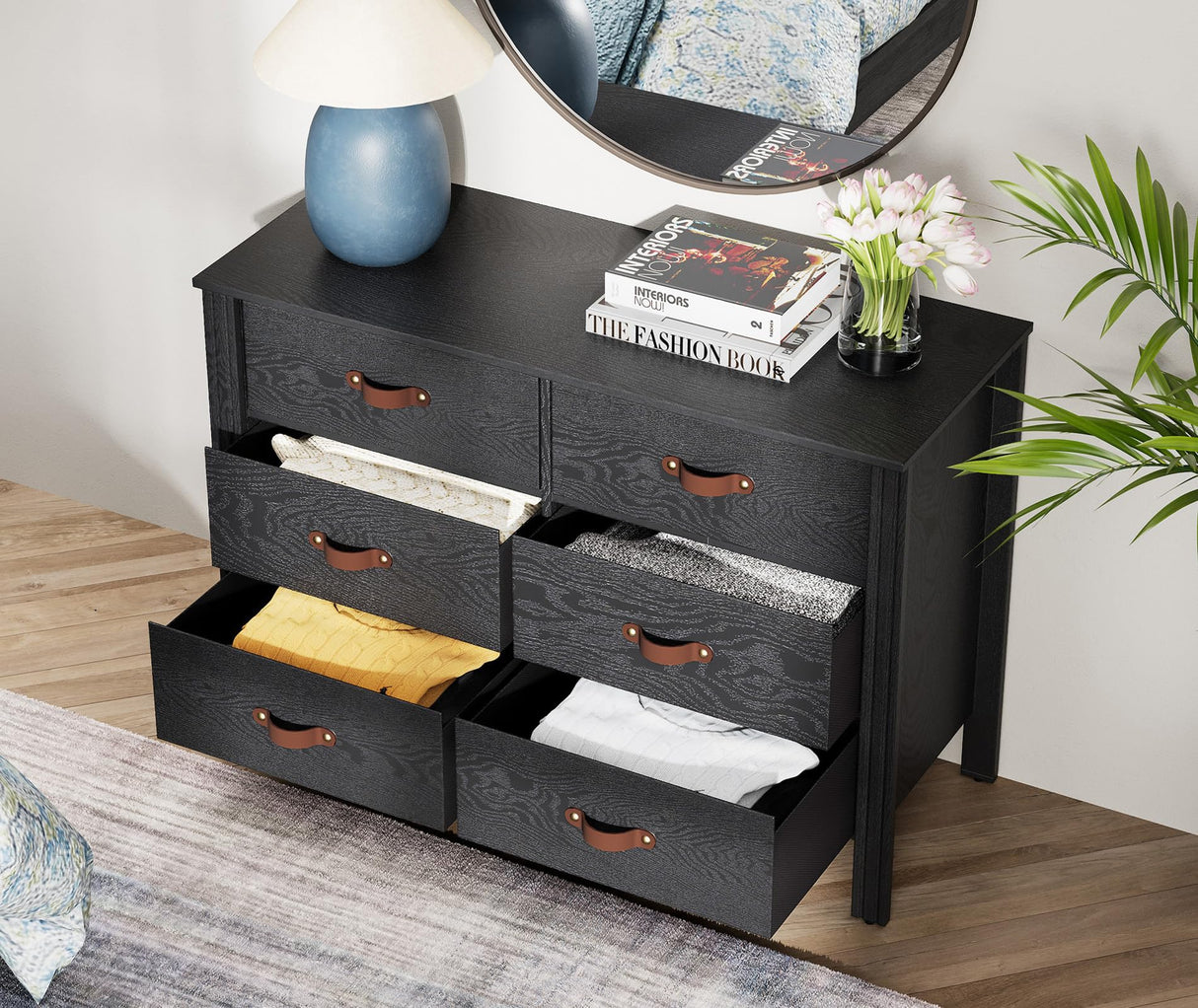 Black Dresser for Bedroom, Wood Dresser with 6 Drawers