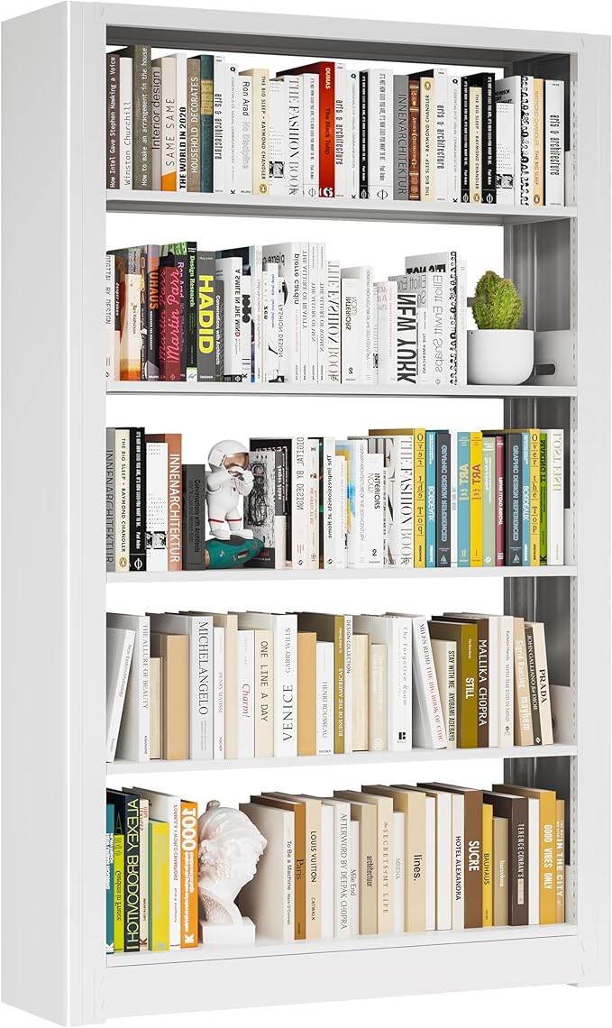 White Bookshelf, 5 Tier Tall Bookcase with Bookend, Large Metal Book Shelf Display Storage