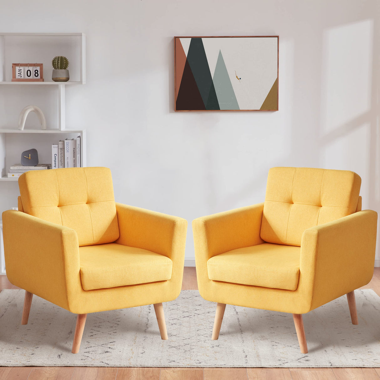 Linen Fabric Accent Chairs Set of 2, Mid Century Modern Armchair for Living Room