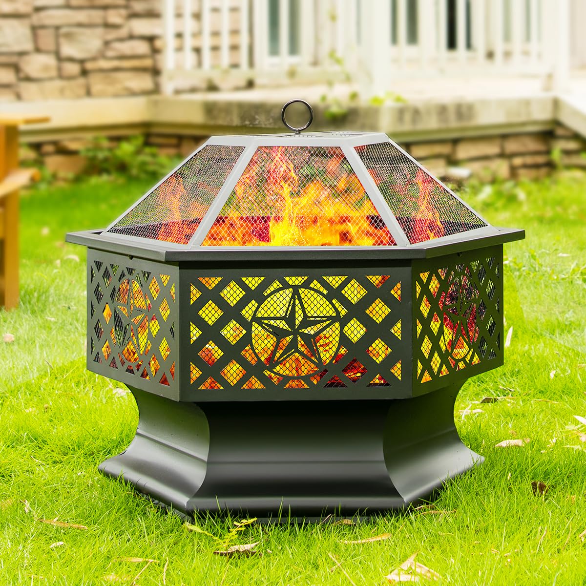 Panovue 28 Inch Hex - Shaped Fire Pit,Wood Burning Fire Pits for Outside with Spark Screen&Poker,Metal Hexagon Outdoor Firepit for Backyard,Bonfire,Patio,Party,Garden,Picnic and Camping,Black - Bircata