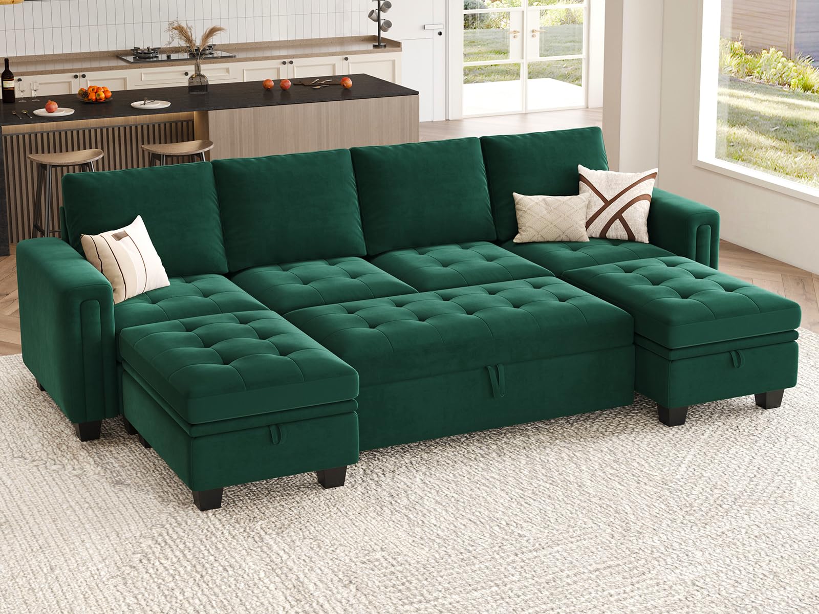 Modular Sectional Sleeper Sofa with Pull Out Bed Velvet Convertible U Shaped Sectional