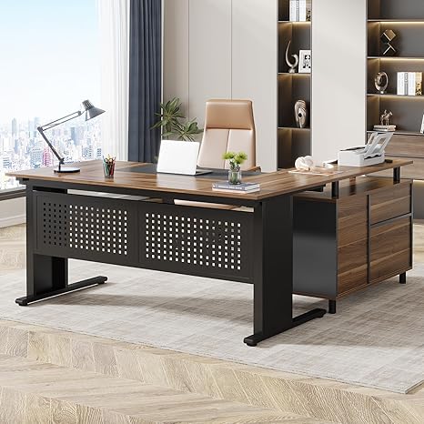 63 Inch Executive Desk with File Cabinet, Large Office Desk L Shaped Computer Desk