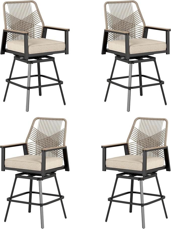 Outdoor Bar Stools Set of 2, 360° Wicker Swivel Bar Stool with Armrest,