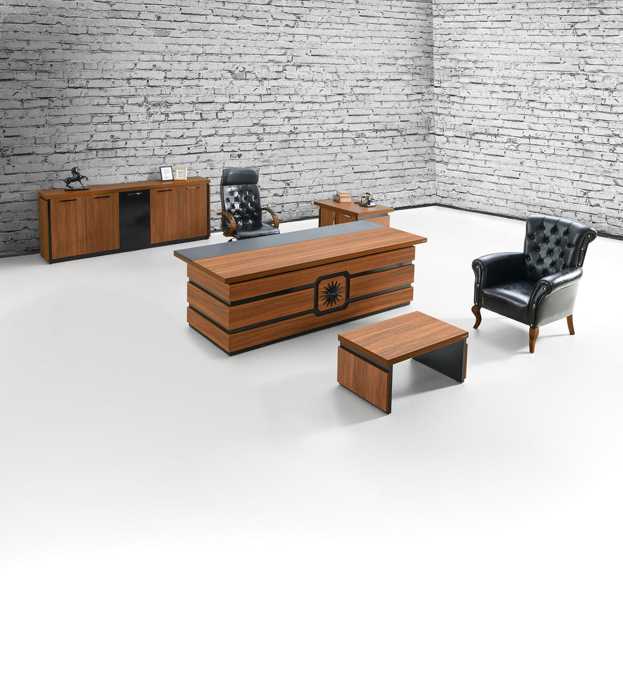 79" Wood Office Furniture Set of 4pcs | Executive Desk w/Leather Pad | File Drawers w/Telescopic Rail | Large Storage Cabinet w/Chrome Handles | Coffee Table | Sturdy Modern Home Workstation