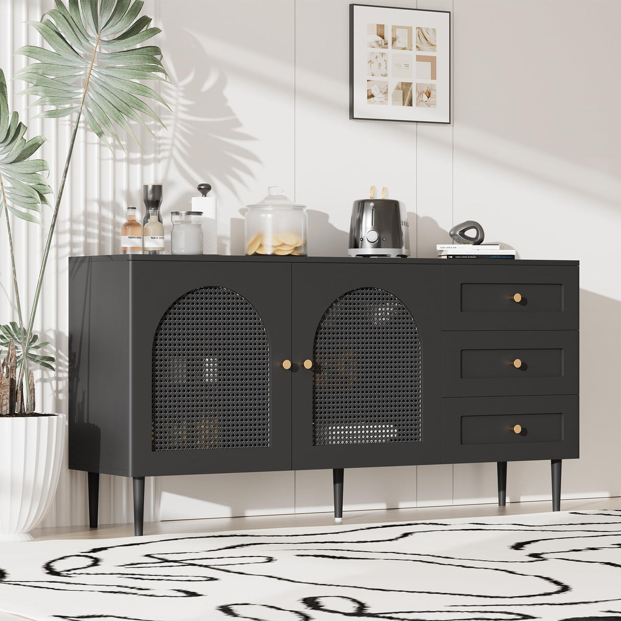 Modern Black Sideboard Buffet Cabinet with Storage & 3 Drawers, Console Table
