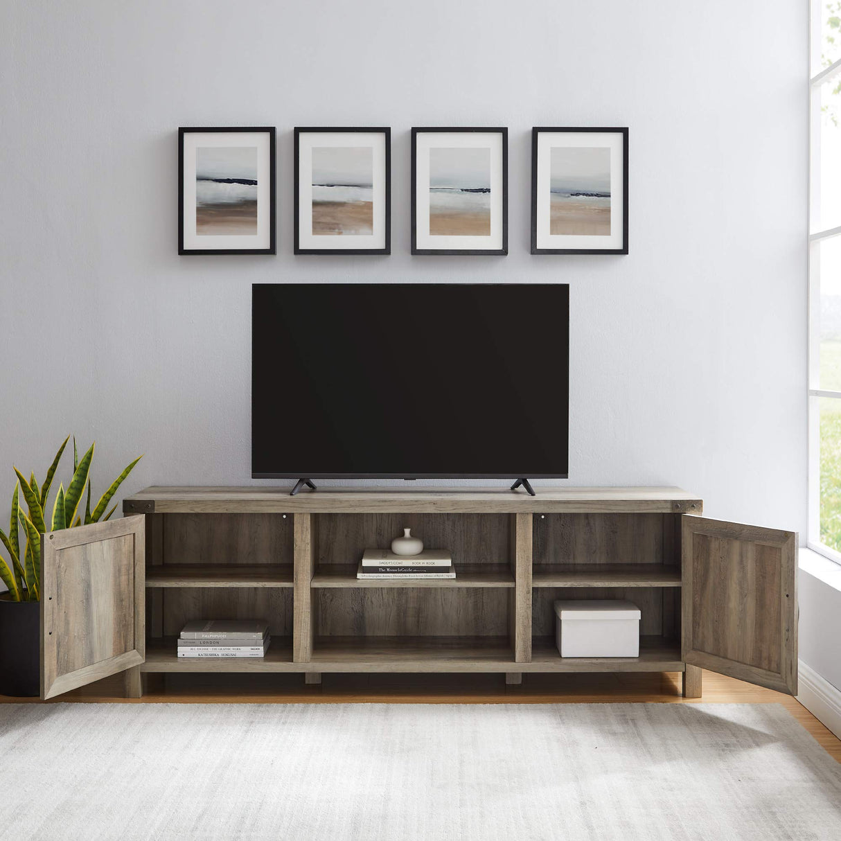 Tucker 70 Inch Barn Door TV Console in Grey Wash