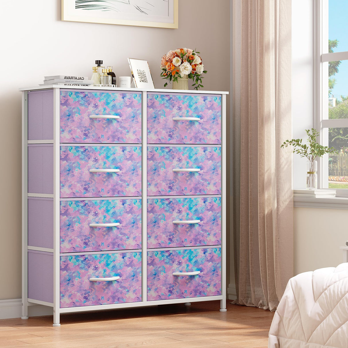 Purple Fabric Dresser Drawer, Tall Storage Dresser with 8 Drawers