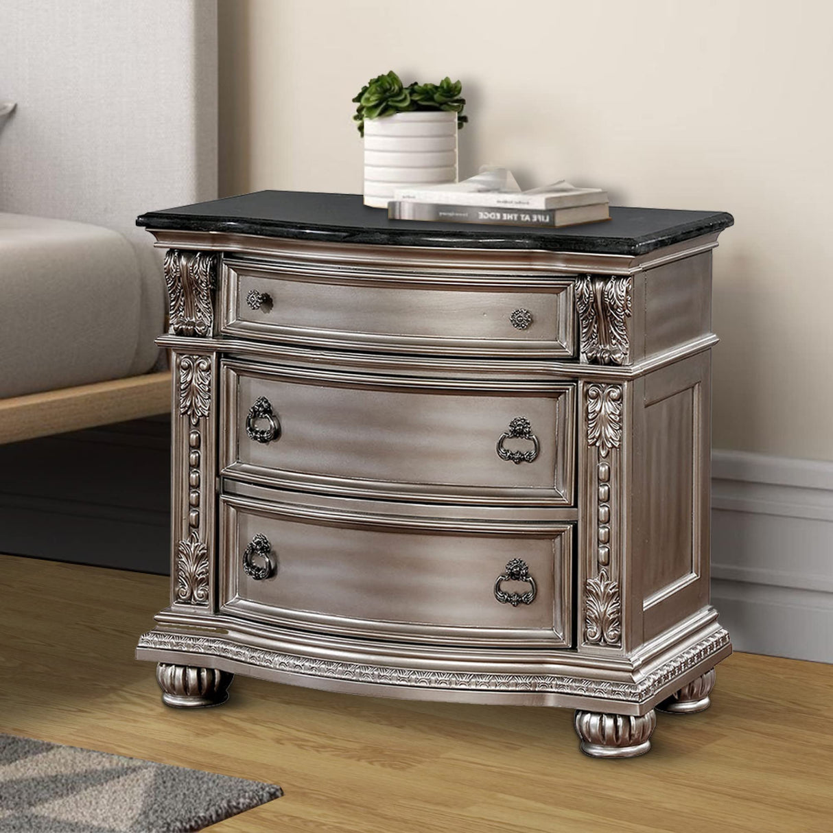 Wooden Nightstand with Marble Top, Silver