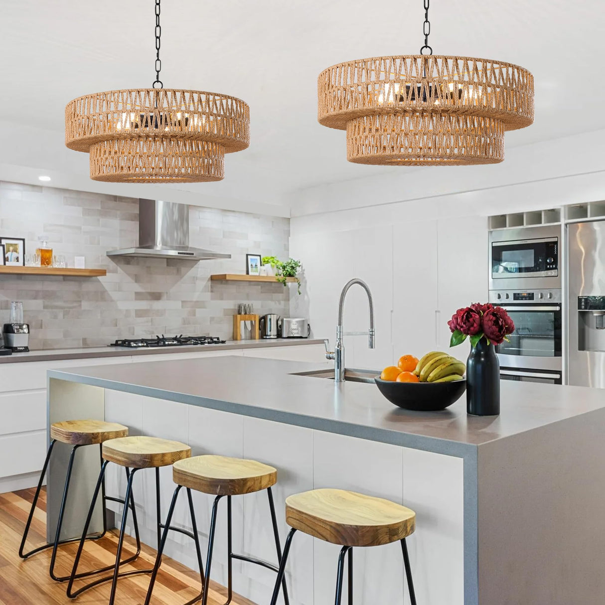 LamQee 22 Inch Farmhouse Rattan Chandeliers for Dining Room, 5 Lights Boho Chandelier Light Fixture with Hand Woven Wicker Shade, Large Rattan Pendant Lights Ceiling Hanging Lighting Kitchen Island