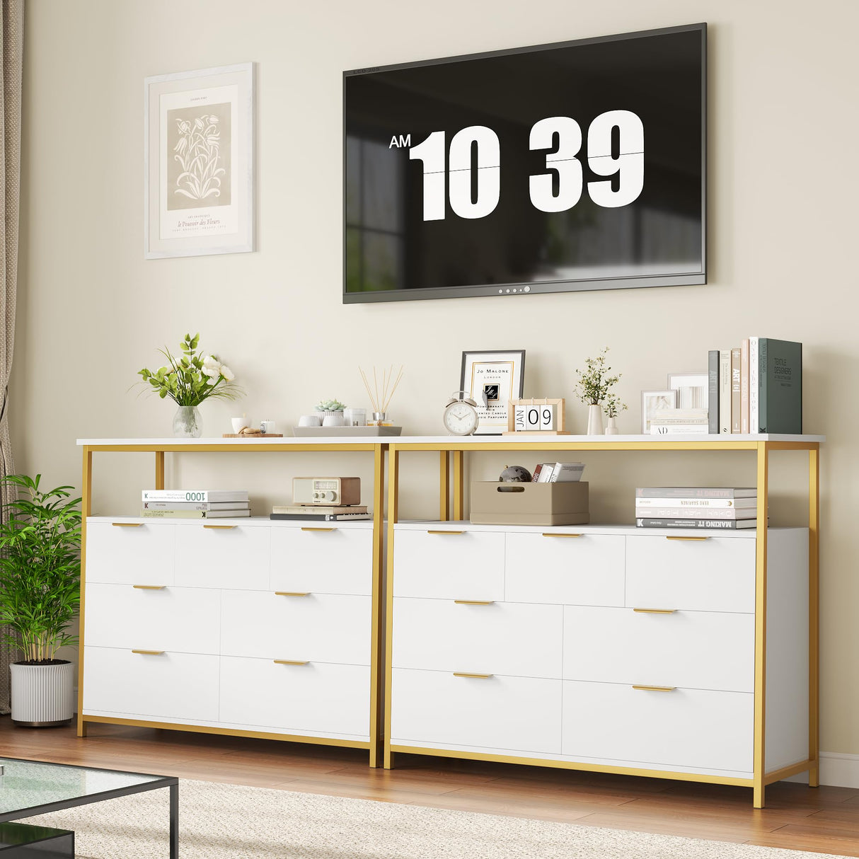 Modern 7 Drawer Dresser, White Dresser with Metal Handles