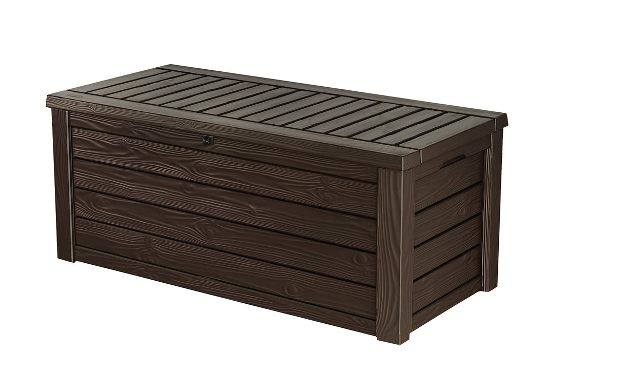 Outdoor Storage Deck Box, 150 Gallon Resin Patio Bin & Bench, Wood Grain, Brown