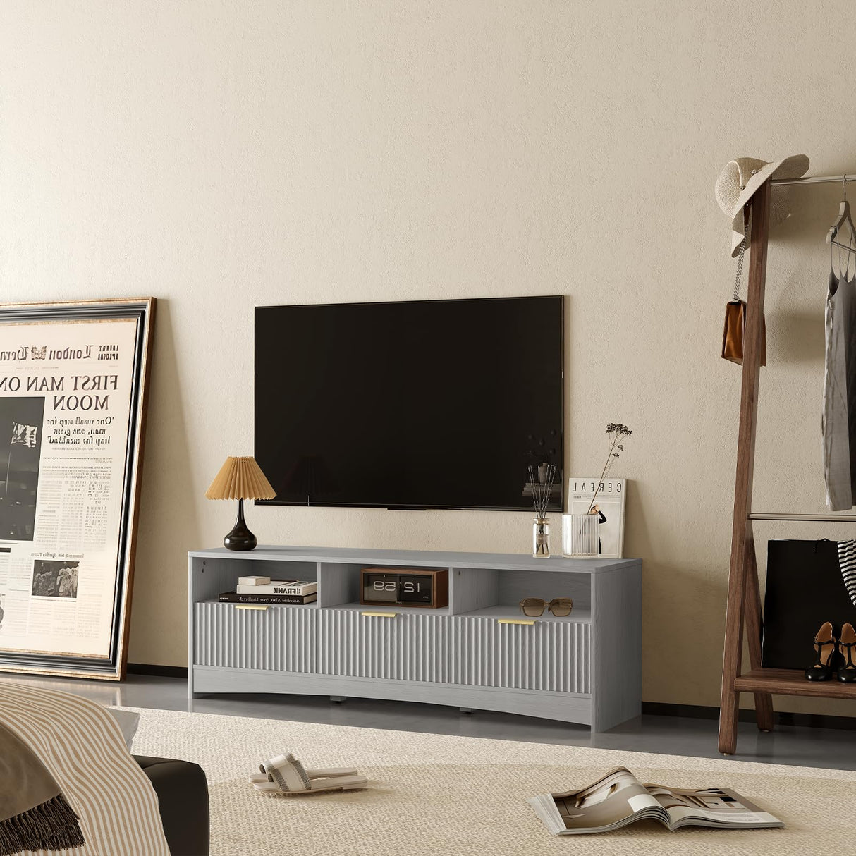 TV Stand for 50-65" TV, Fluted Modern TV Stand Entertainment Center