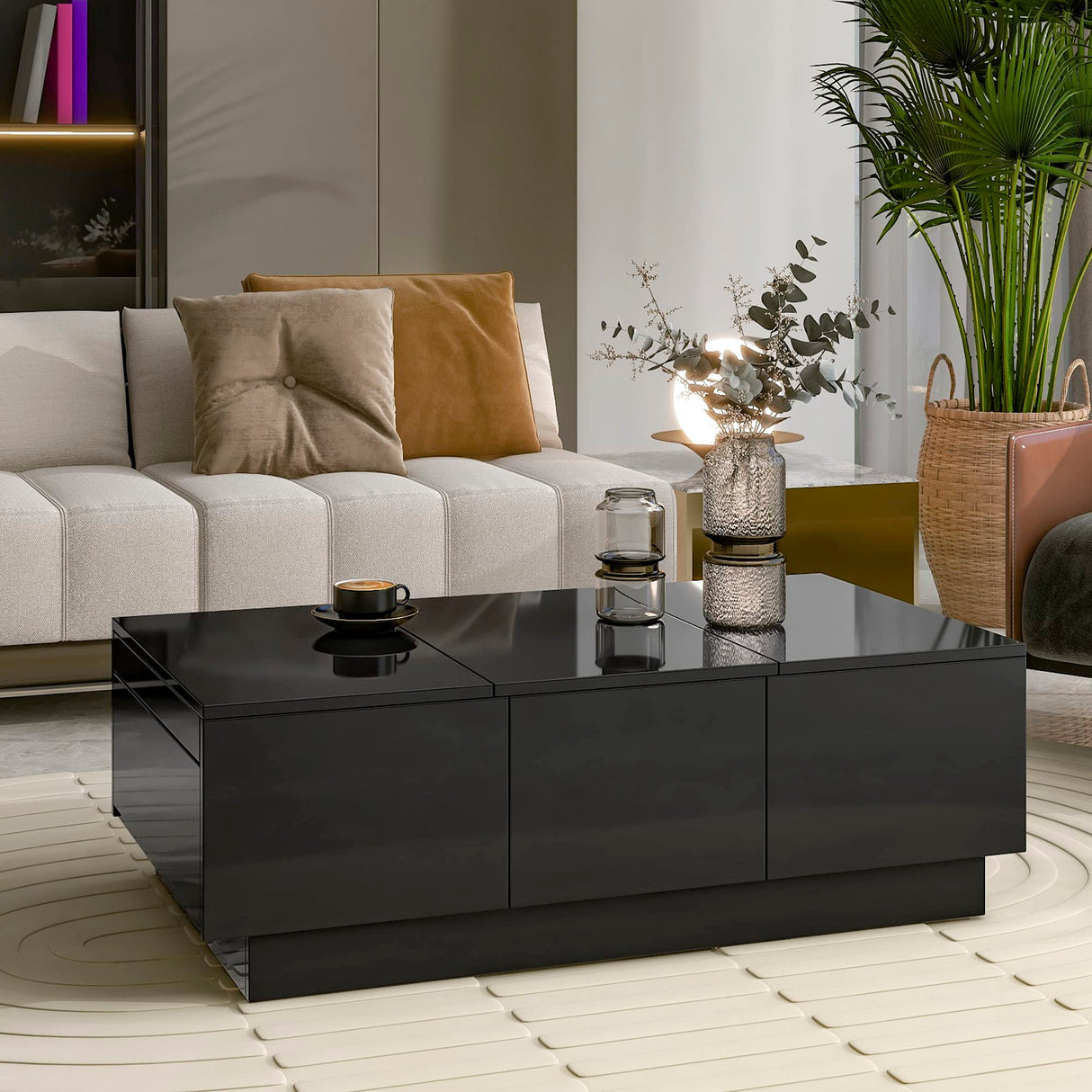 Extendable Coffee Table with 2 Drawers, Rectangle Center Table