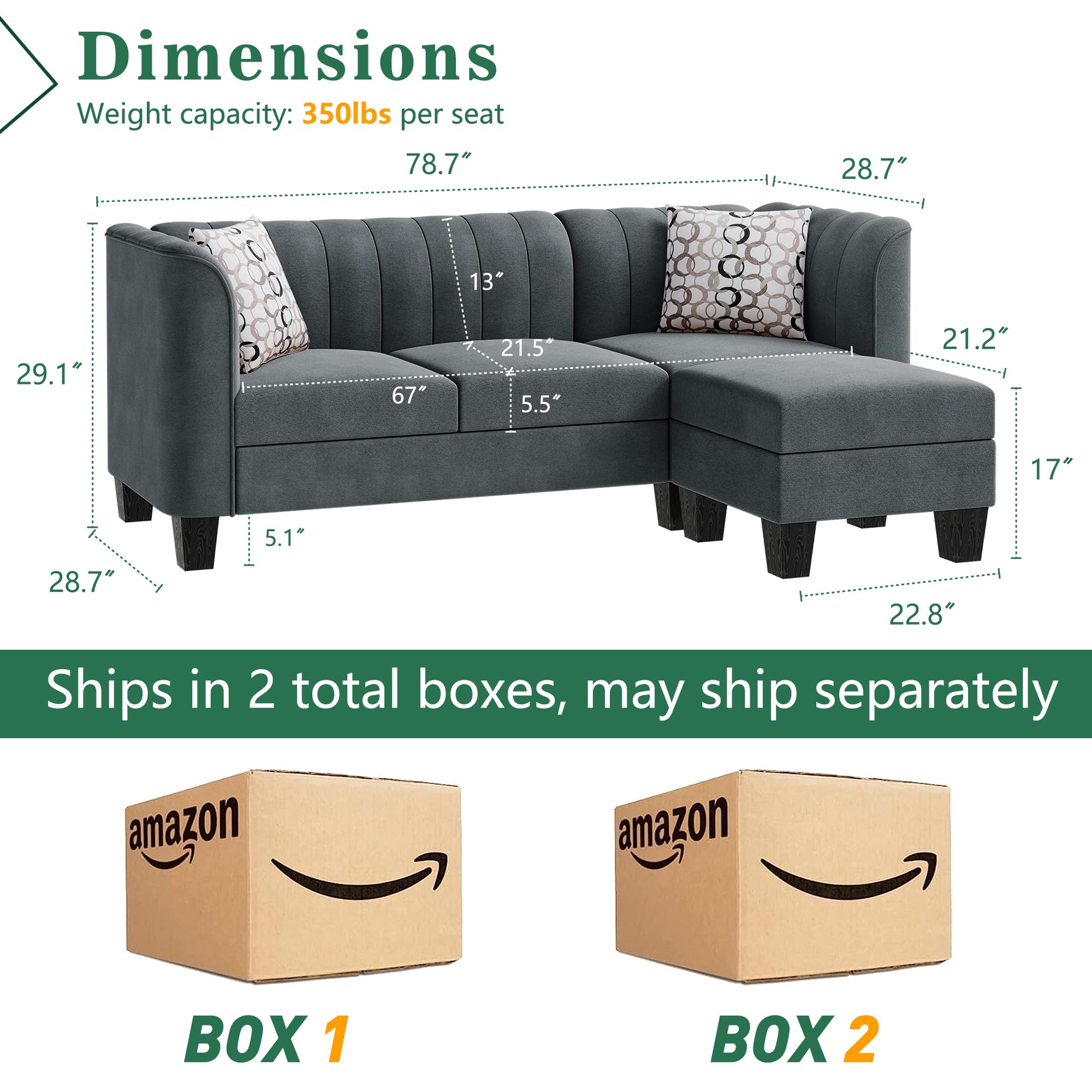 Upgraded Convertible Sectional Sofa Couch, 3 Seat L Shaped Sofa with High Armrest Linen Mid Century Fabric Small Couch for Living Room,