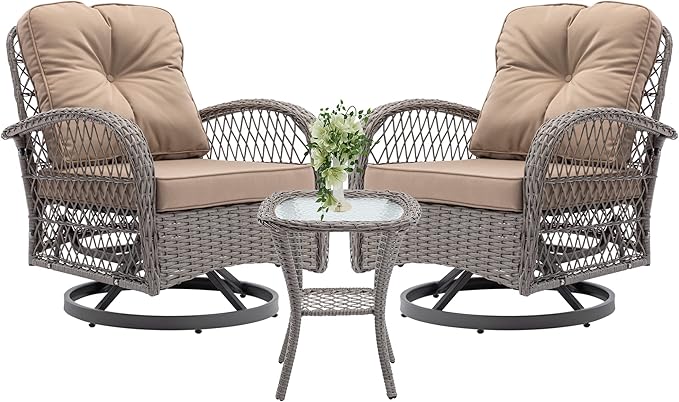 3-Piece Swivel Patio Bistro Set - 360° Rattan Wicker Rocker Chairs with Cushions