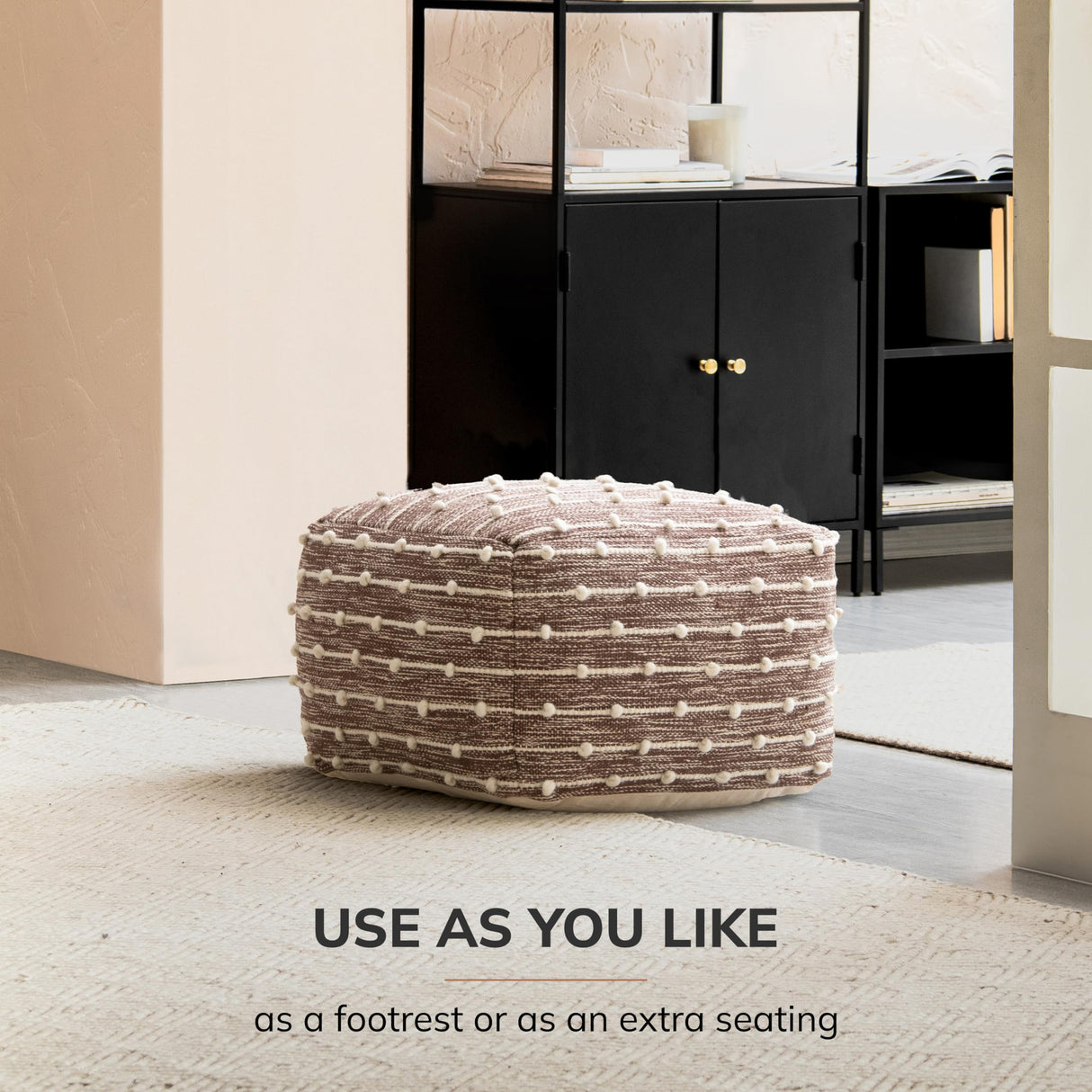 Anji Mountain 100% Handmade & Handcrafted Comfortable Home Décor Pouf Ottoman Footrest for Living Room, Bedroom, Nursery, Kidsroom, Patio Furniture - (22" x 22" x 16"- Red,Ivory)