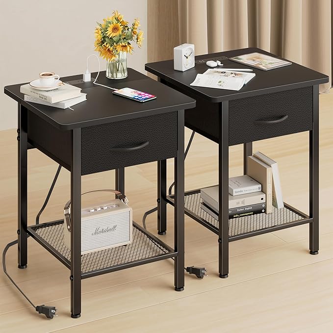 Nightstands Set of 2 with Charging Station and Fabric Storage Drawer,16.5" x 15.8" Side