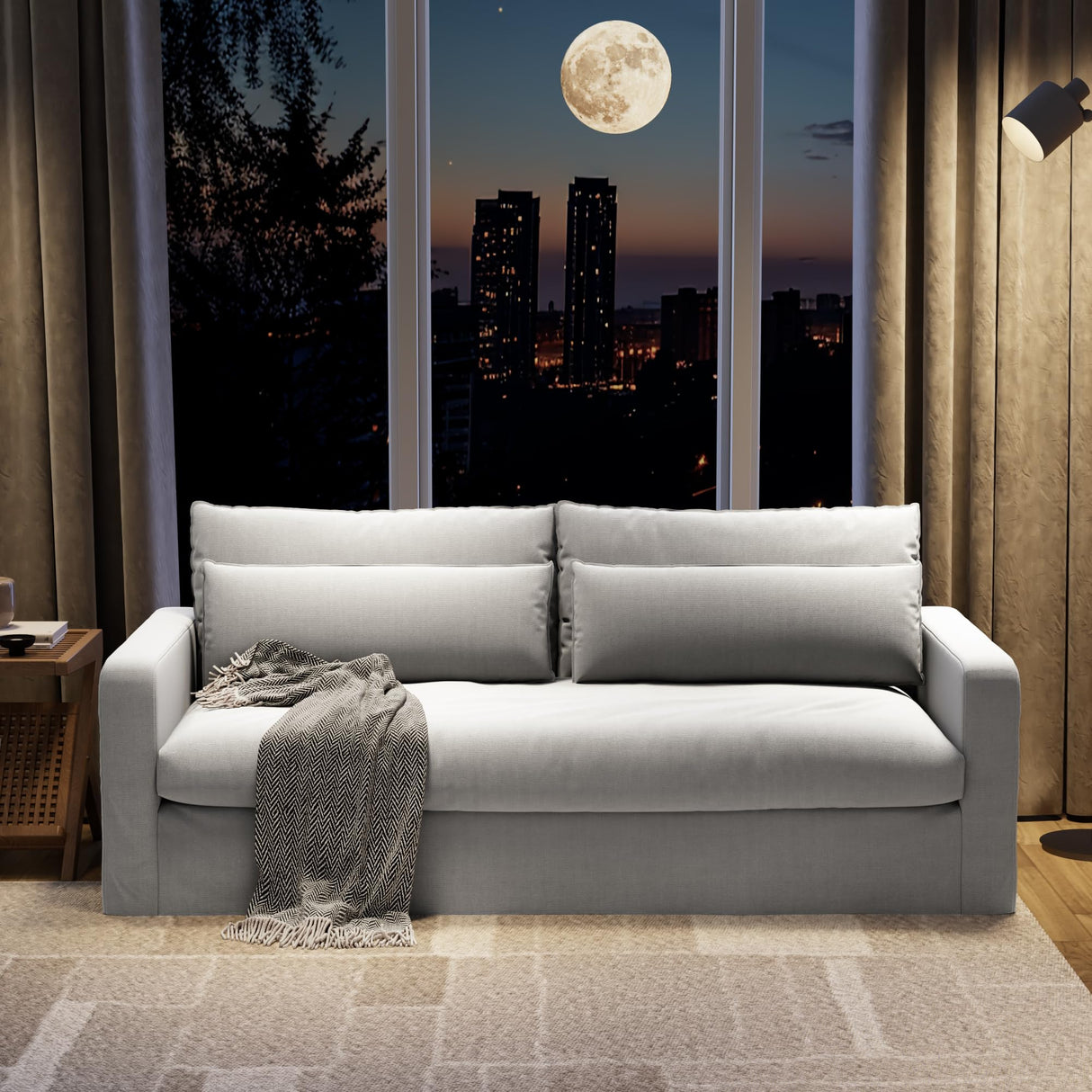 80 Inch Down Sofa Couches for Living Room Linen Fabric 3 Seater Couch