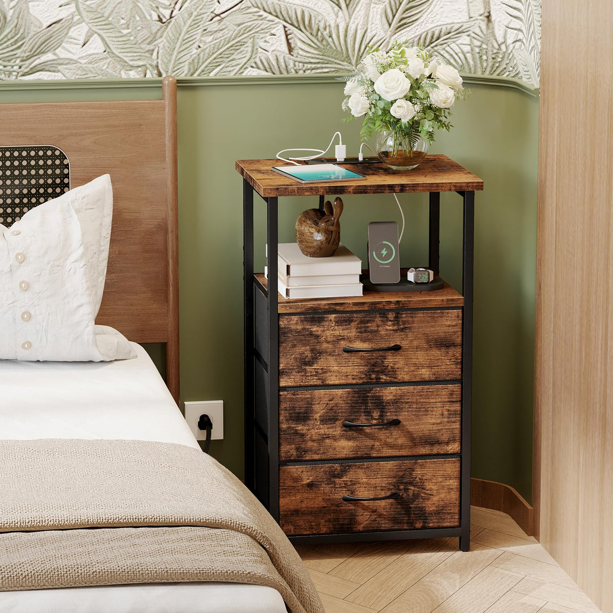 Night Stand with 3 Fabric Drawers, Tall Nightstand