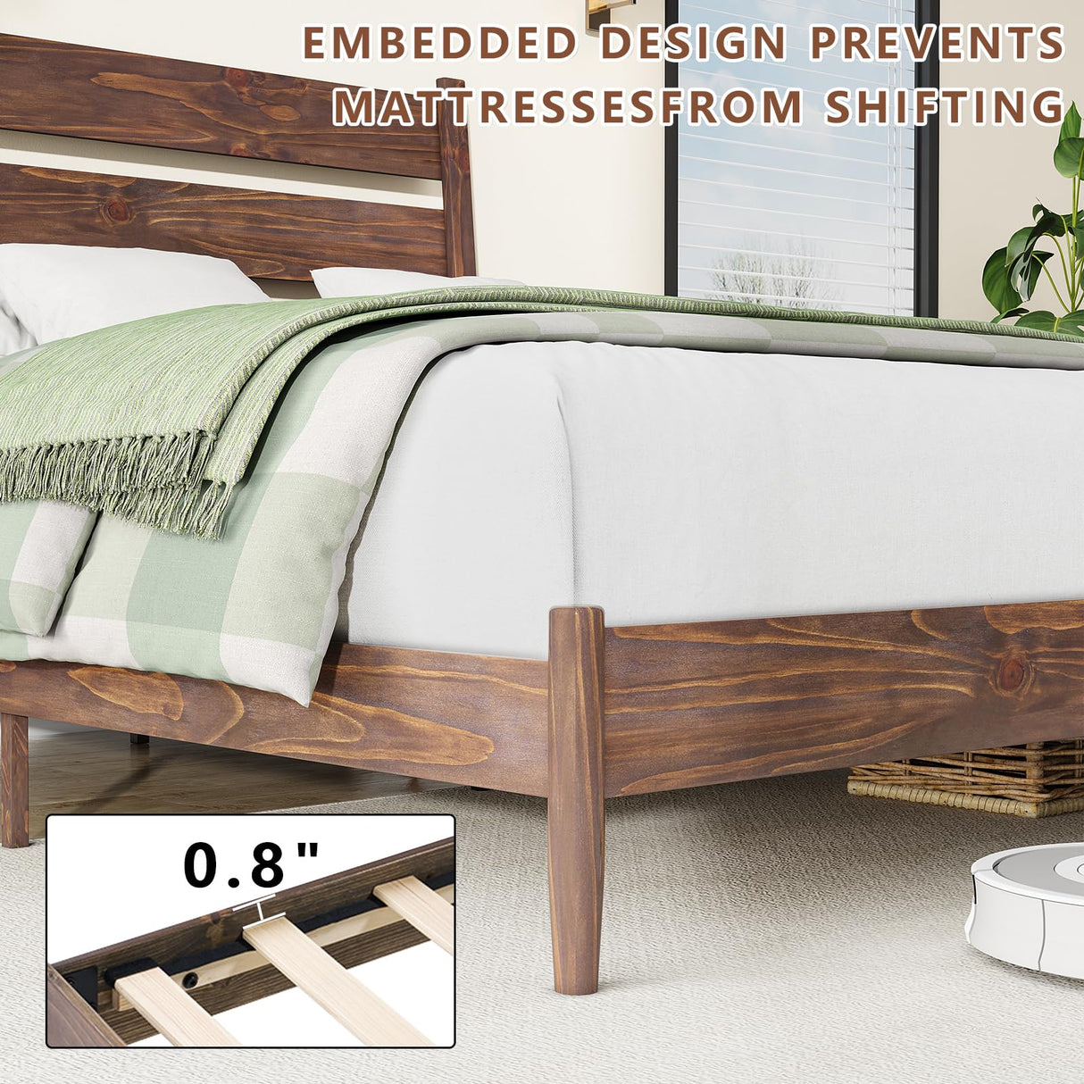 Solid Wood Bed Frame with Ergonomic Headboard, Full Size Mid Century Wooden