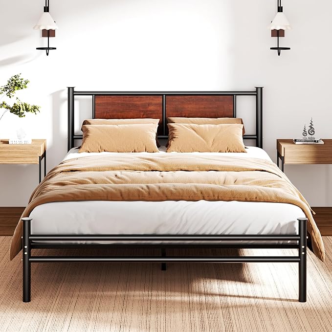 Queen Size Bed Frame with Wooden Headboard, Heavy Duty Platform Bed with 12 inches