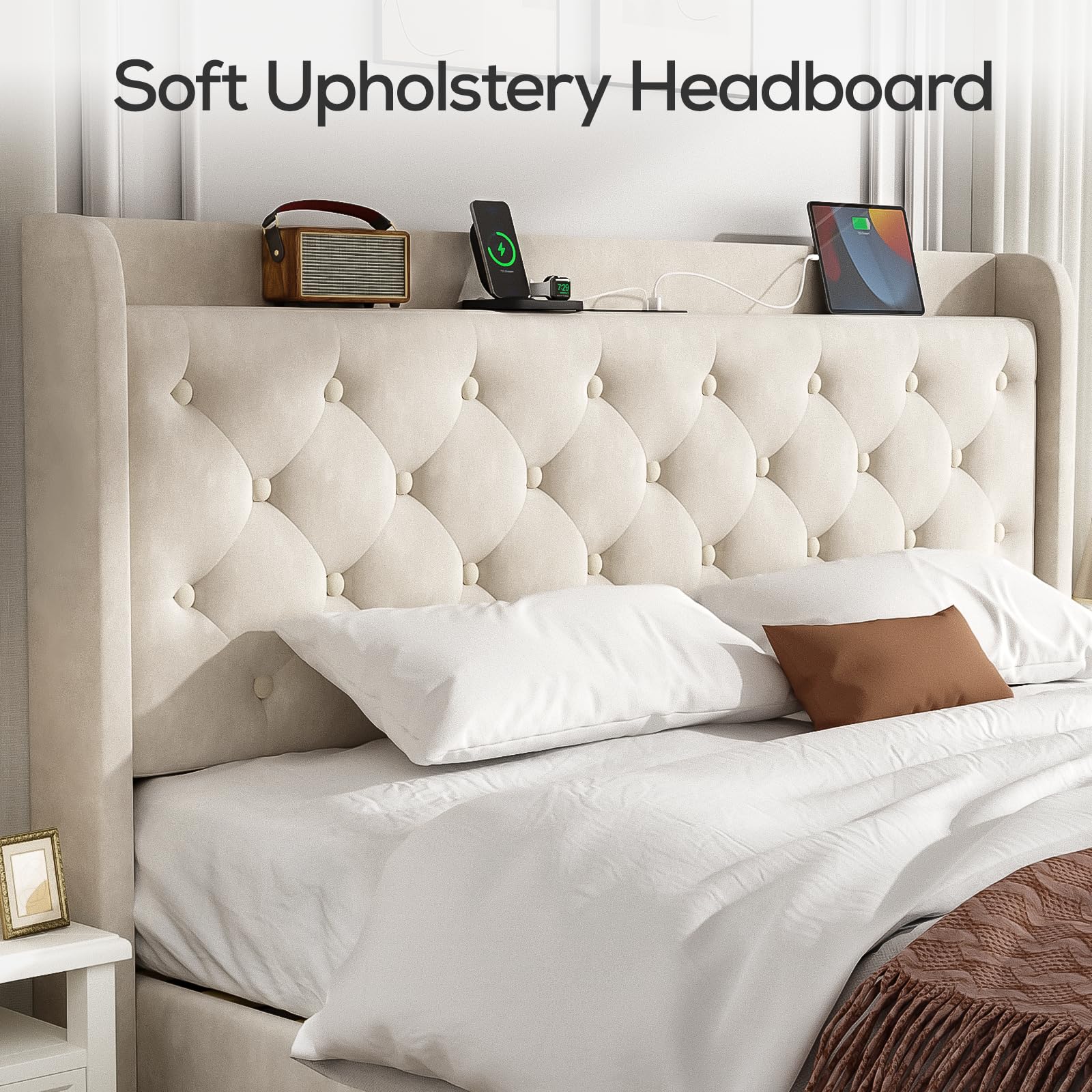 Beige Queen Bed Frame with Charging Ports & Upholstered Platform