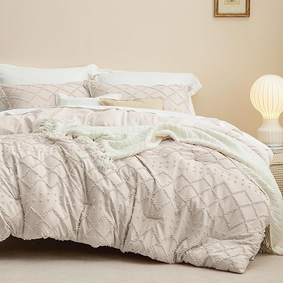 Boho Comforter Set - White Tufted Shabby Chic Bedding Comforter Set
