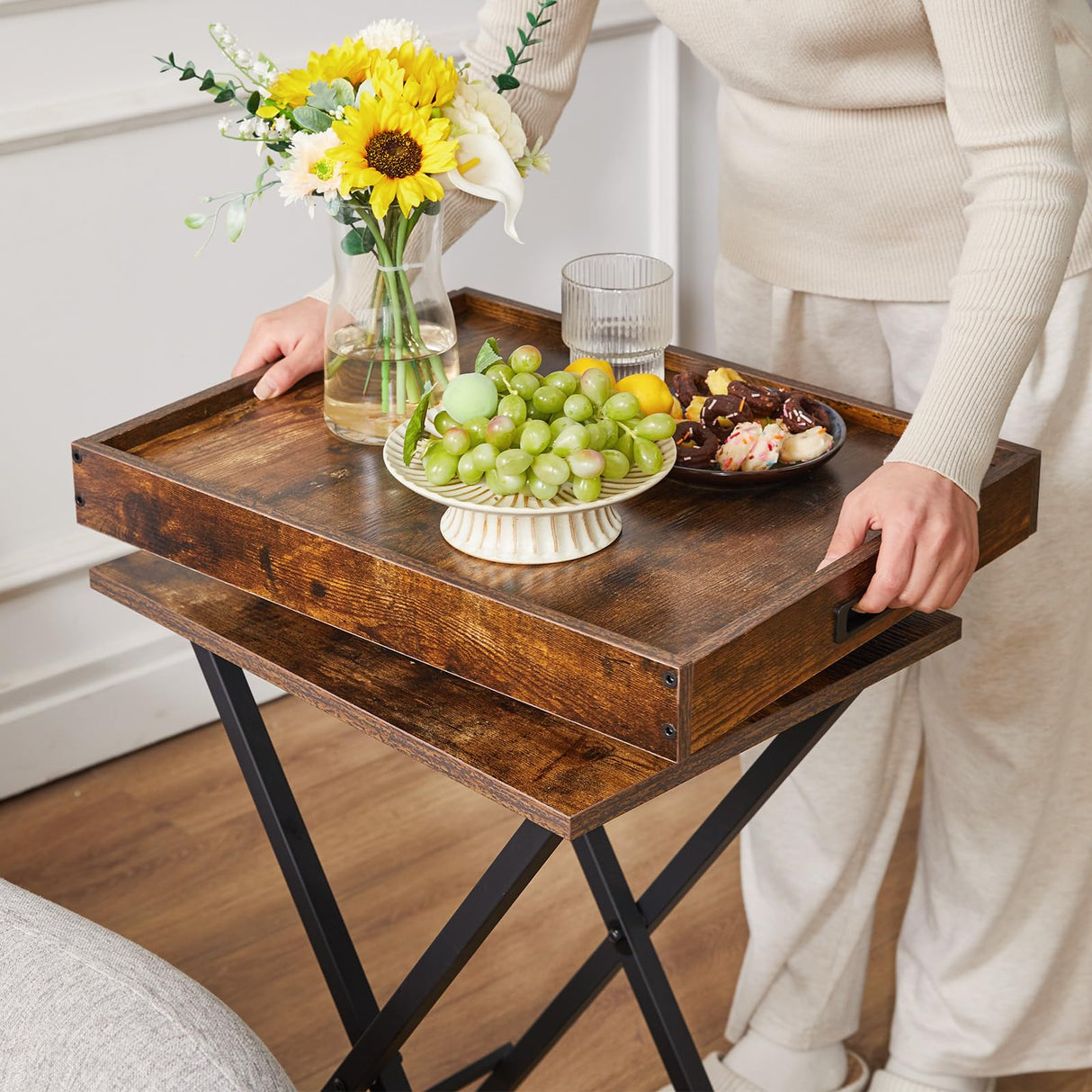 TrayNest Duo Rustic Folding TV Tray Set with Removable Serving Top