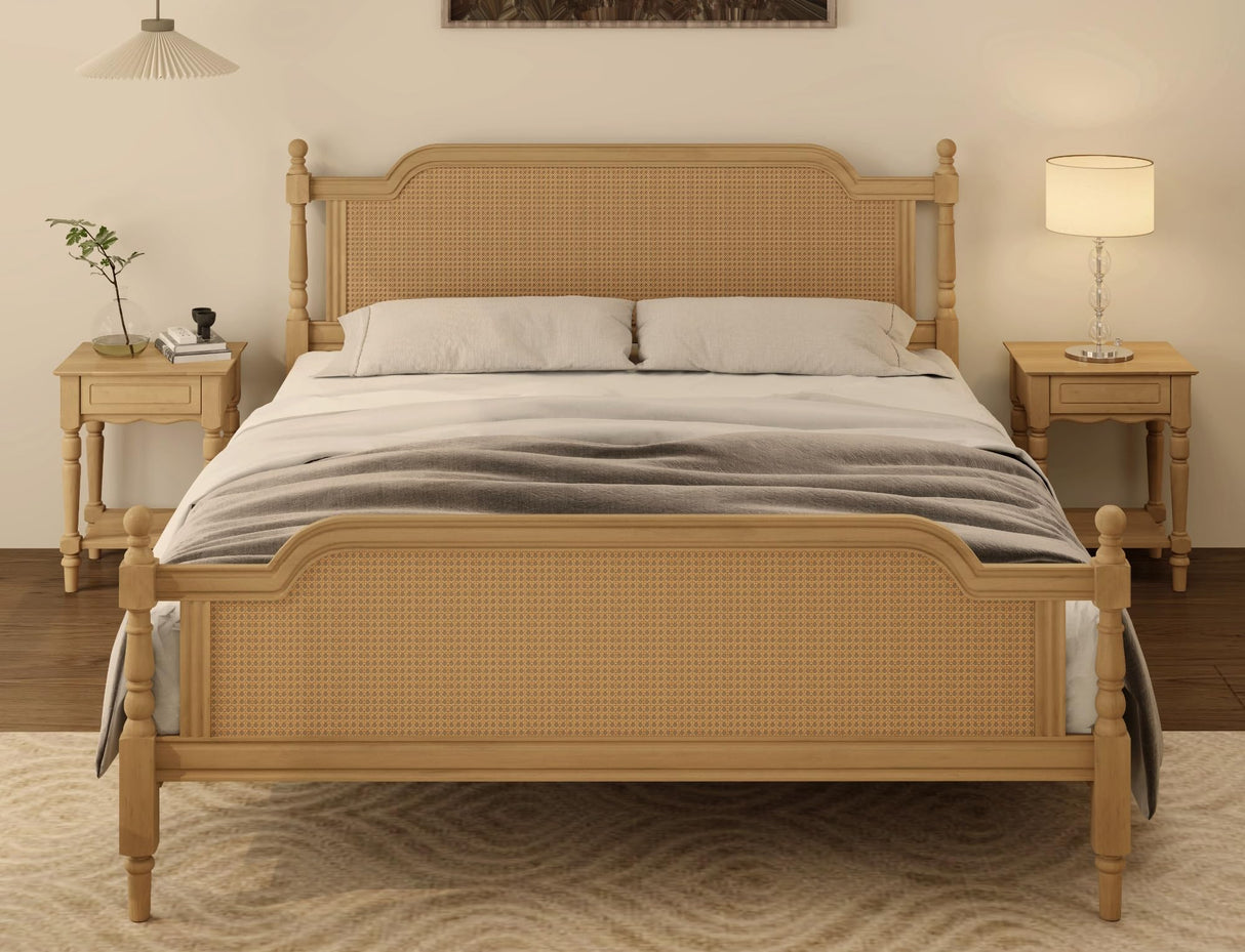 King Bed Frame with Rattan Headboard - Solid Pine Wood Platform