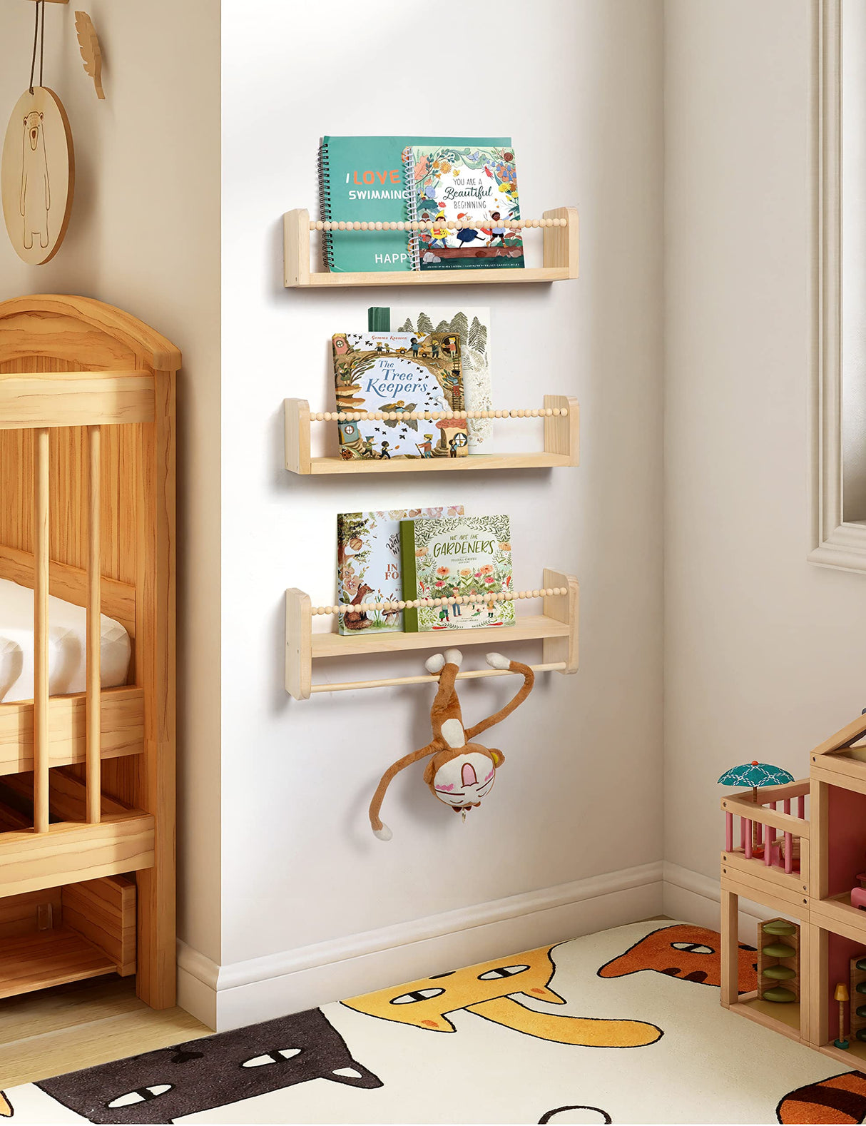 Nursery Floating Shelves for Wall, Set of 3 Book Shelves Natural Wood Wall